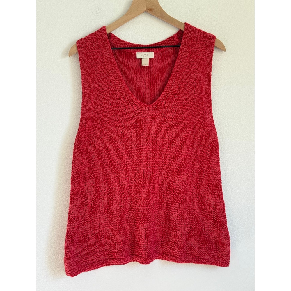 Loft Knit Sweater Vest Large Red V-Neck Classic Sleeveless Textured Cotton Blend